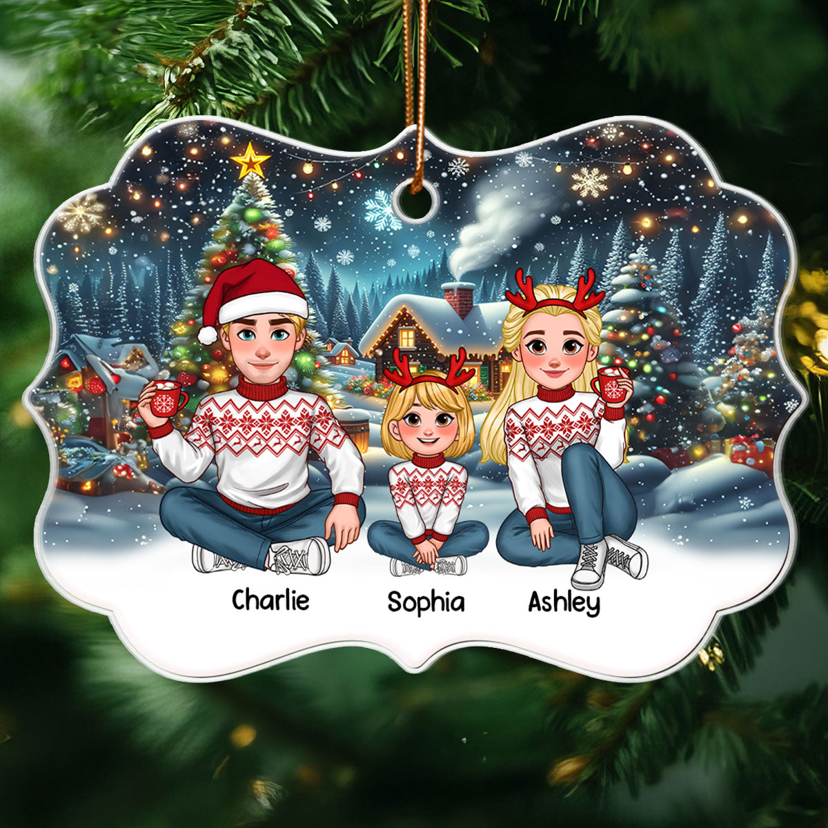 Cozy Christmas Animated Family Together Personalized Acrylic Ornament, Christmas Decoration, Christmas Gift For Family