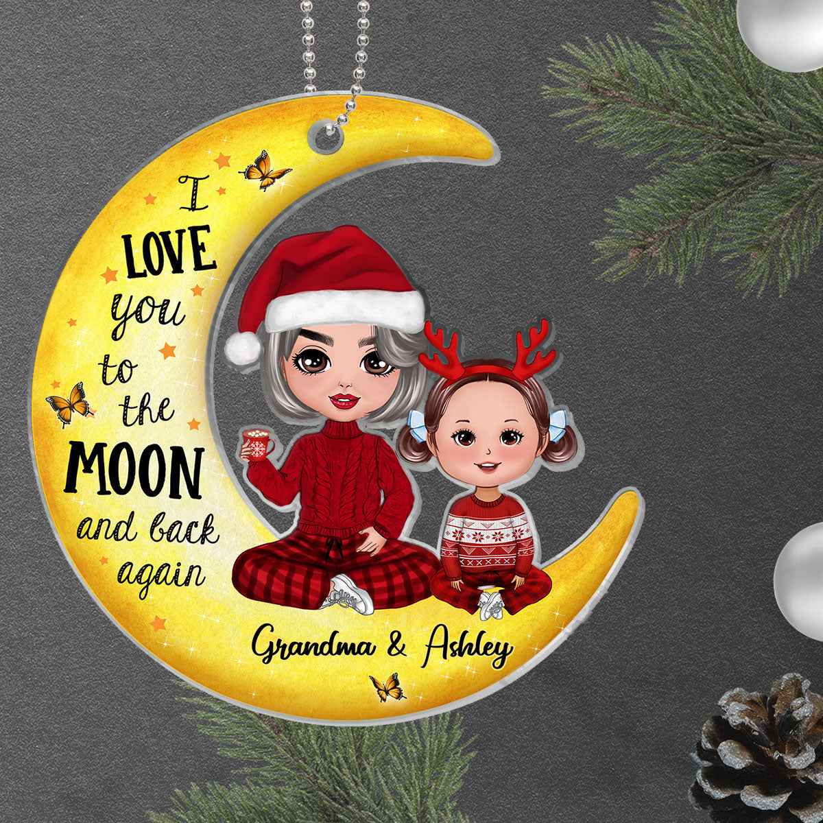Doll Grandma & Grandkids On Yellow Moon Personalized Custom Shaped Acrylic Ornament