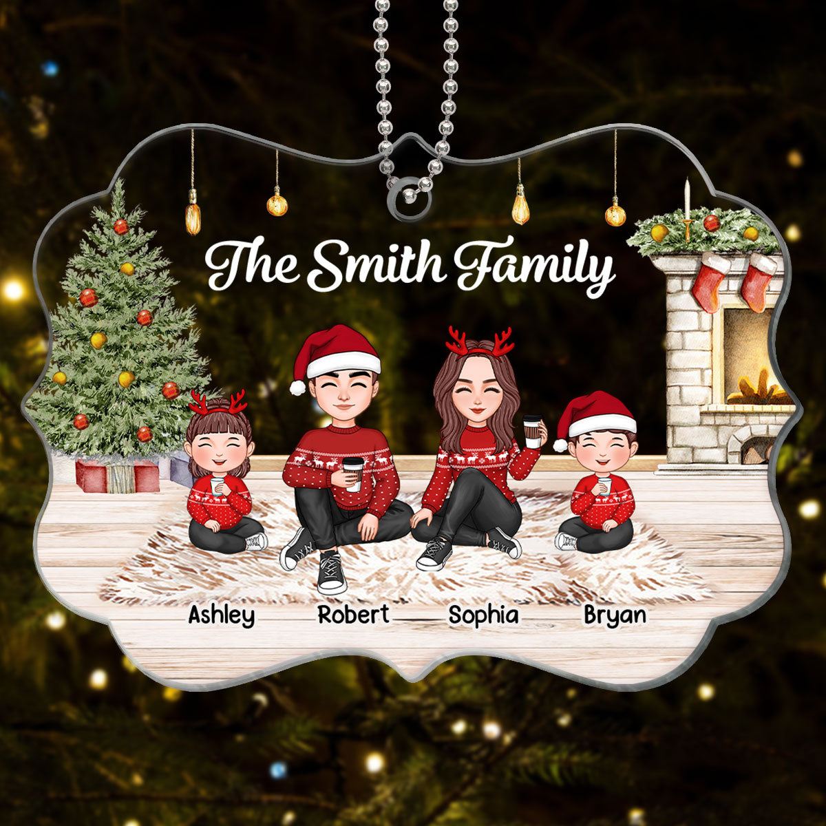 Christmas Cute Family Sitting Brick Fireplace Personalized Acrylic Ornament