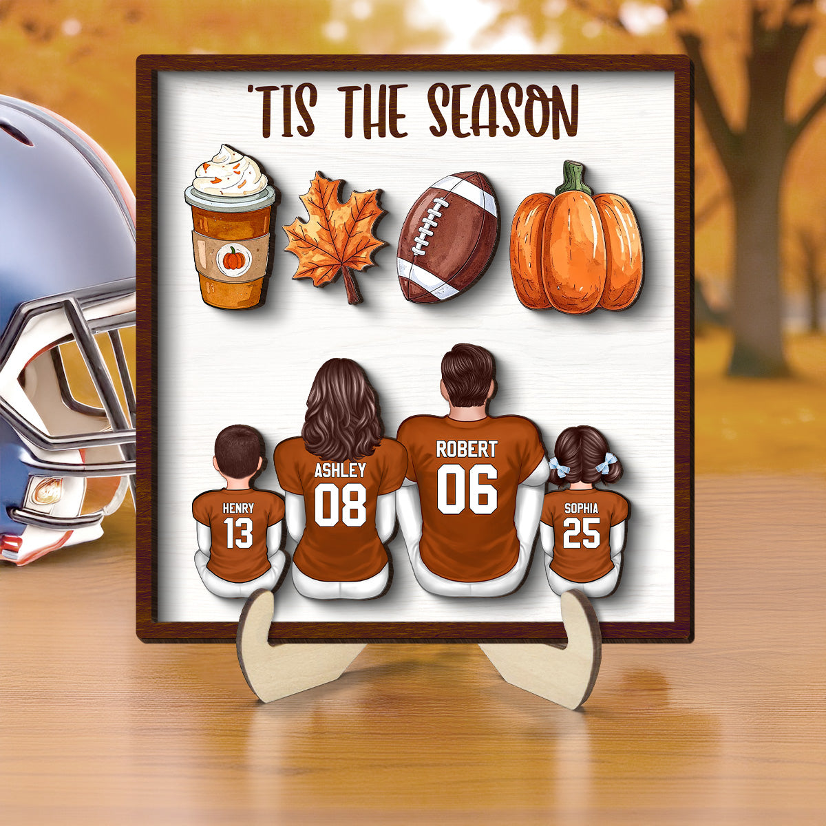 Fall Season 'Tis The Season Football Family Personalized 2-Layer Wooden Plaque