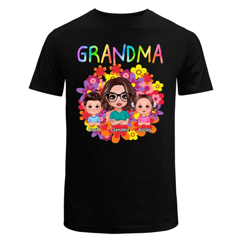 Colorful Flowers Doll Grandma With Grandkids Personalized Shirt