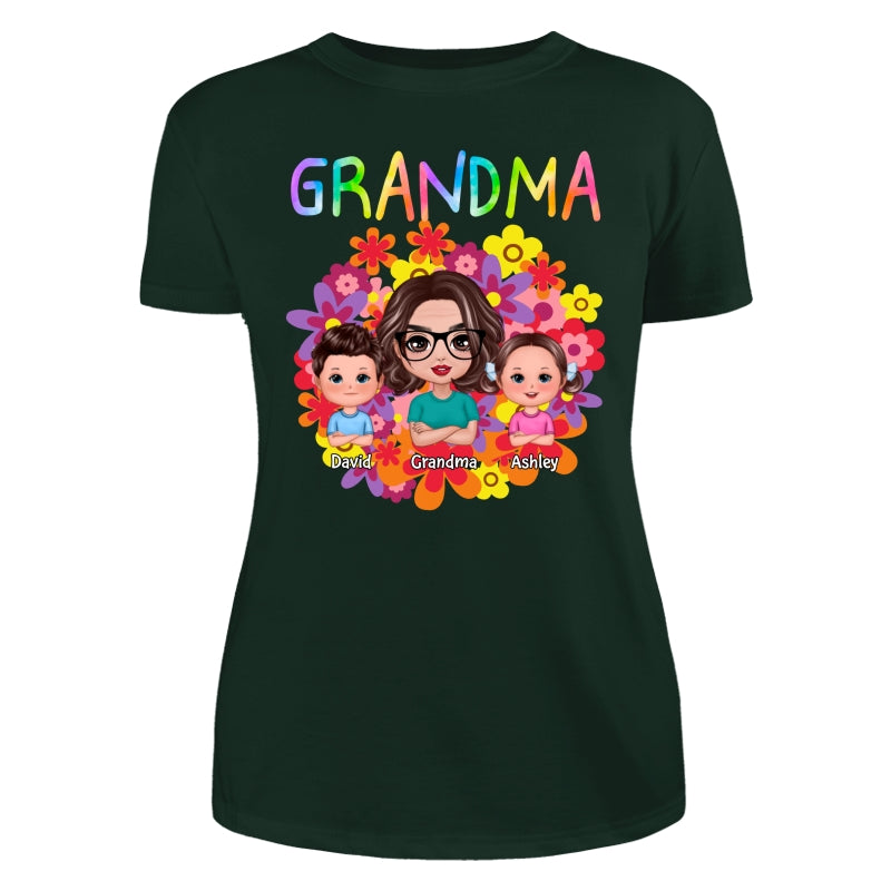Colorful Flowers Doll Grandma With Grandkids Personalized Shirt