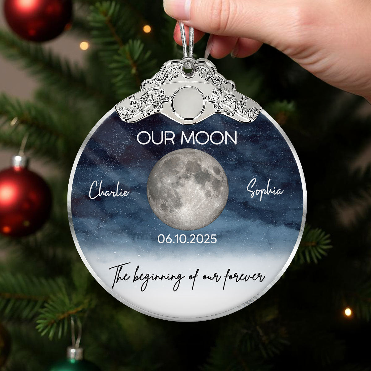 Starry Night Moon Phase Couple The Beginning Of Our Forever - Personalized Glass Ornament With Silver Cap