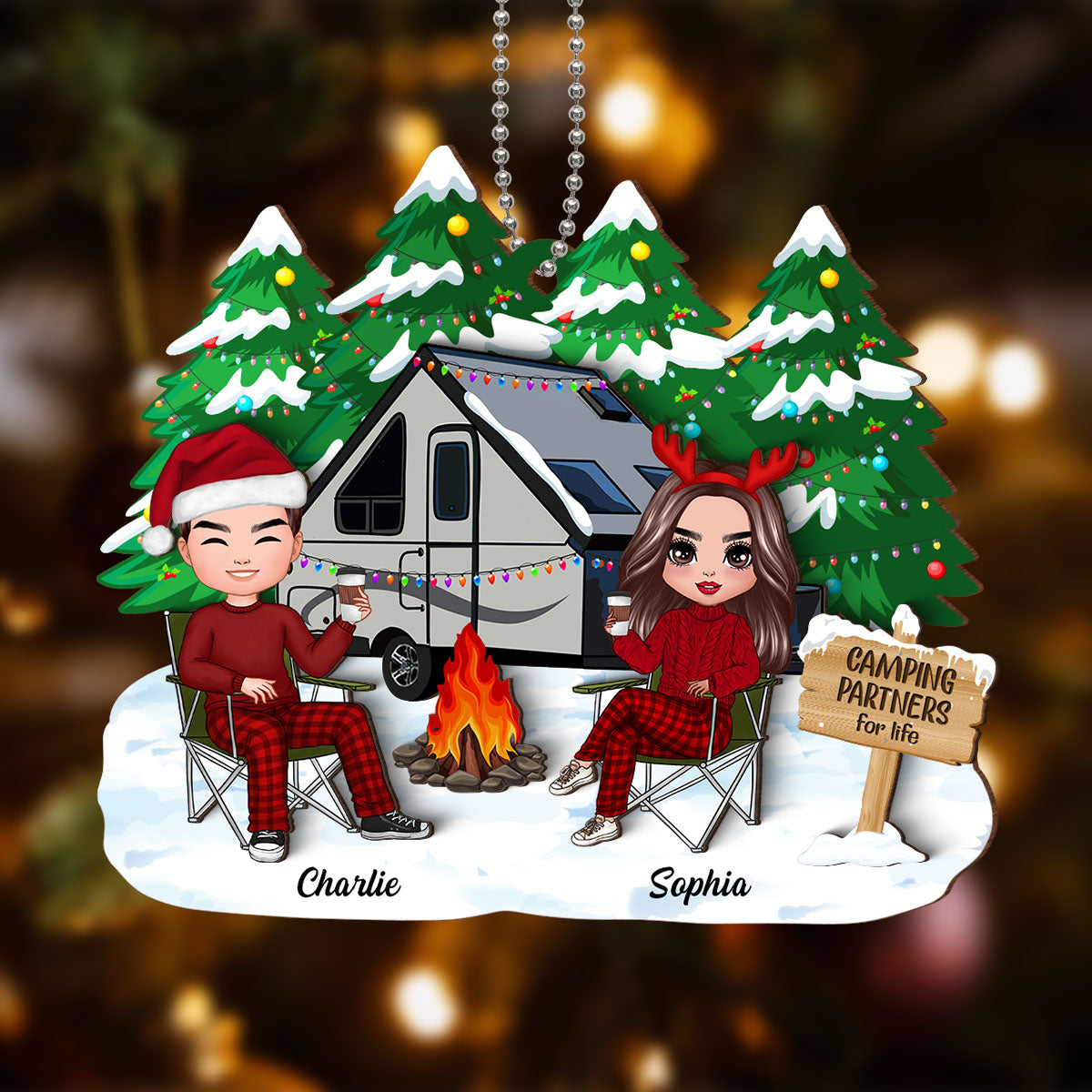 Camping Couple Christmas Personalized 2-Layer Wooden Ornament