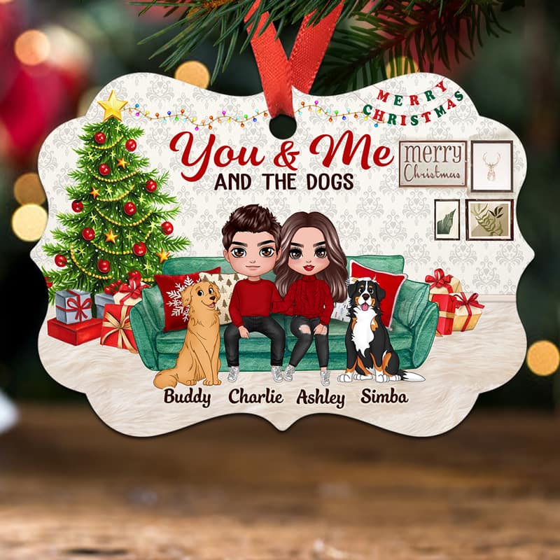Couple And Dogs Sitting On Sofa Personalized Christmas Ornament
