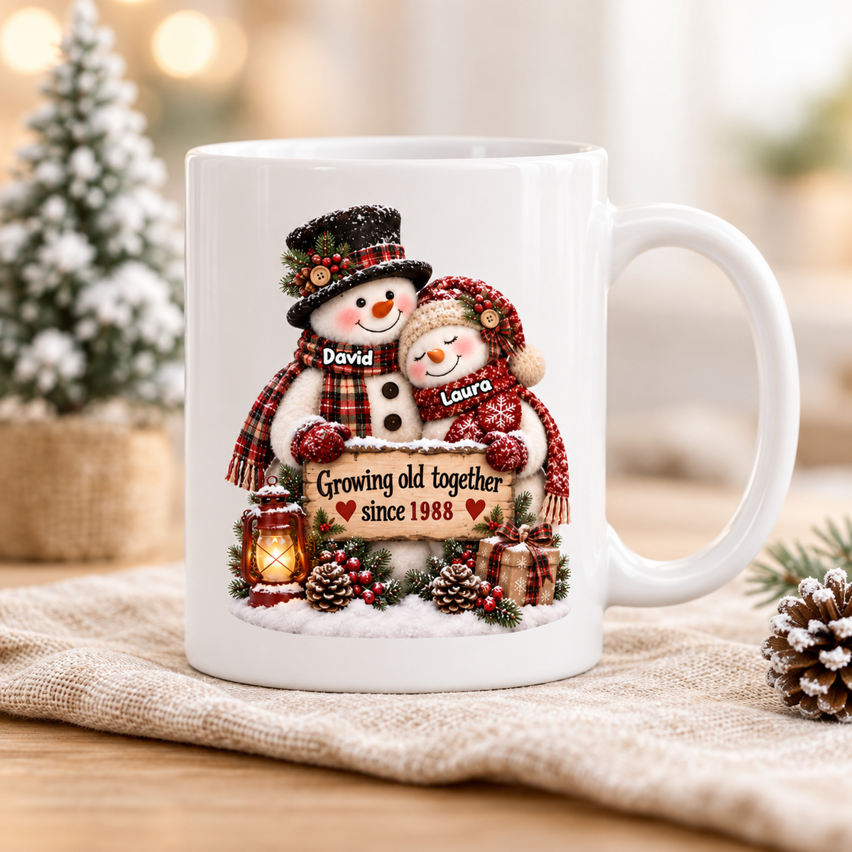 Snowman Couple Hugging Growing Old Together - Personalized Mug - Heartfelt Christmas Gift for Her, for Him