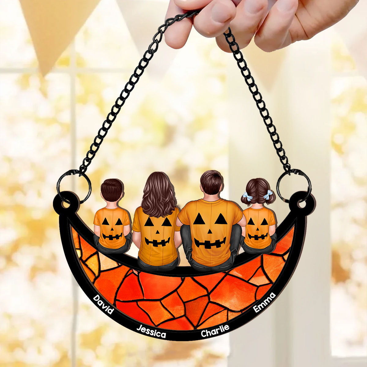 Halloween Family On Moon Personalized Suncatcher, Halloween Decoration