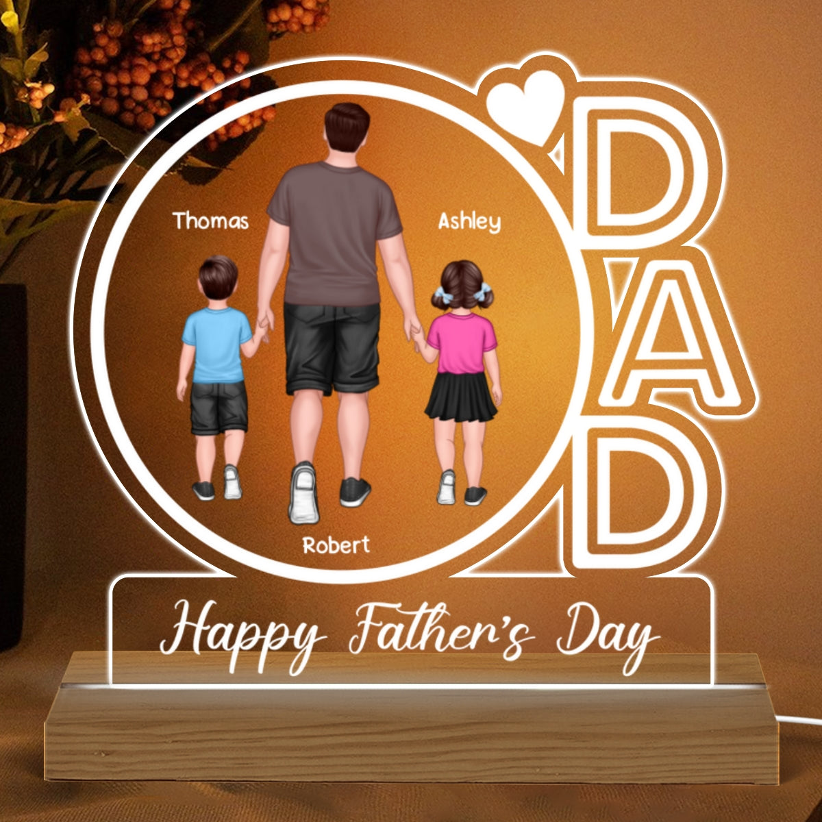 Dad We Love You Happy Father‘s Day Back View Walking Dad & Kids - Personalized Acrylic LED Night Light