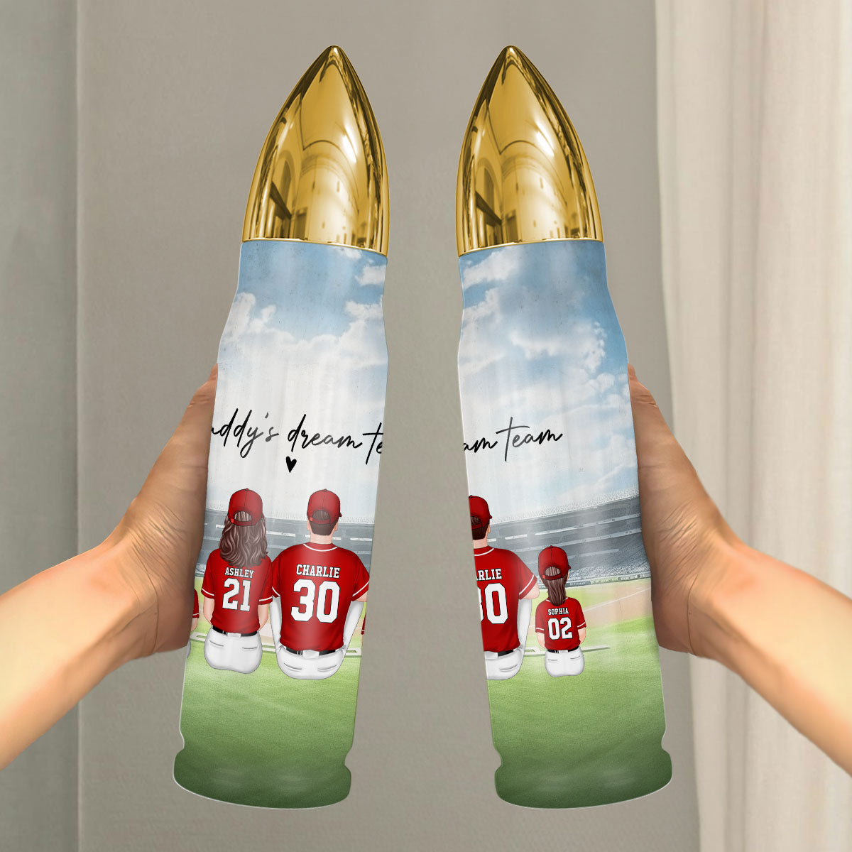 Daddy's Team Baseball Family Sitting Personalized Bullet Tumbler, Father's Day Gift For Dad, Grandpa, Husband