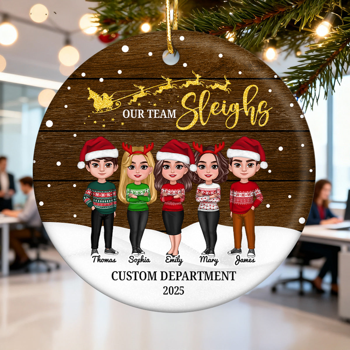 Snowy Our Team Sleighs Best Team Ever - Personalized Ceramic Ornament, Company Christmas Gift For Staff, For Employees