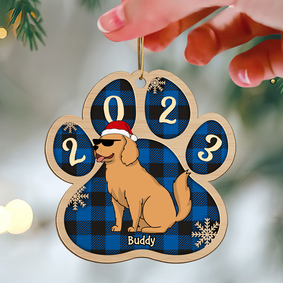 Checkered Paw Funny Dogs Cartoon Christmas Personalized Wooden Ornament