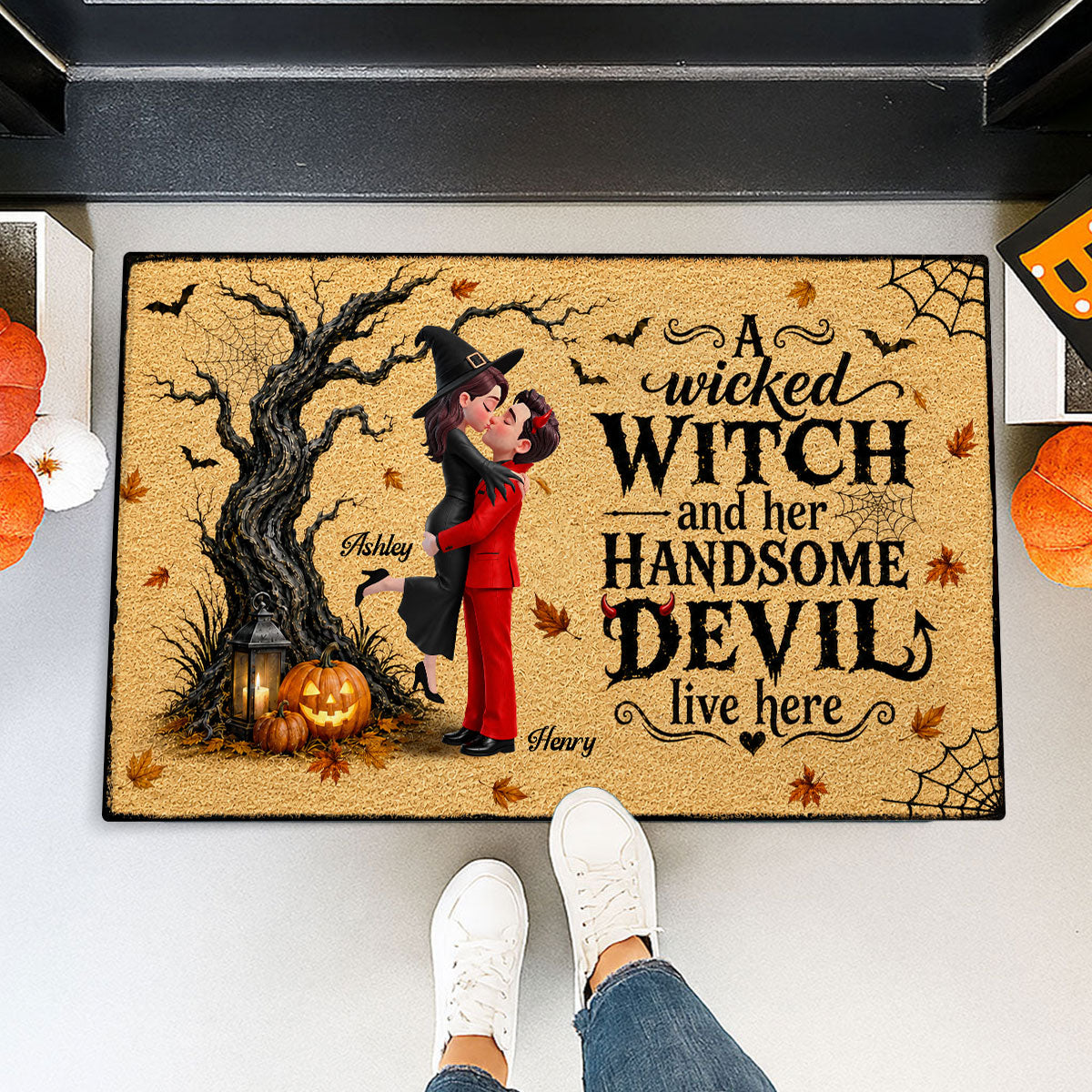 Wicked Witch And Handsome Devil Live Here - Personalized Doormat - Halloween Decor For Couple