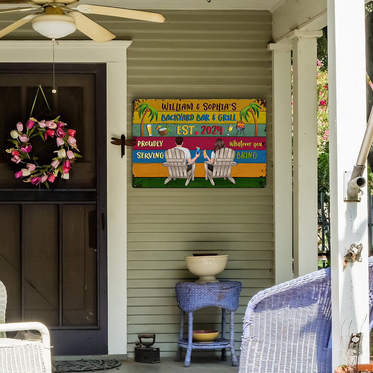 Welcome To Backyard Bar & Grill Back View Couple Personalized Metal Sign