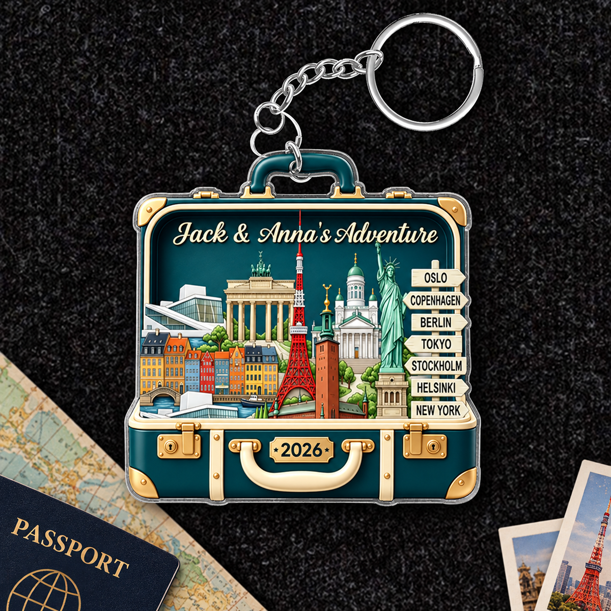 Custom Travel Adventure Suitcase 2D Flat Printed - Personalized Acrylic Keychain - Traveling Destination Keepsake, Christmas Gift For Traveling Lovers
