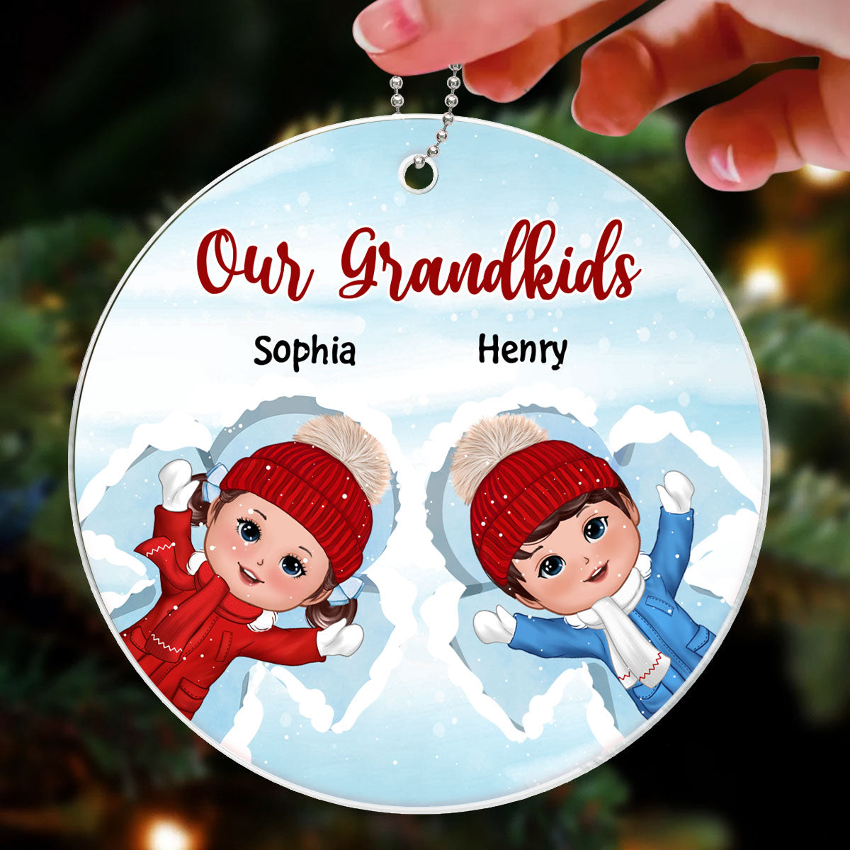 Happy Doll Kids Laying On Snow Christmas Gift Personalized Acrylic Ornament