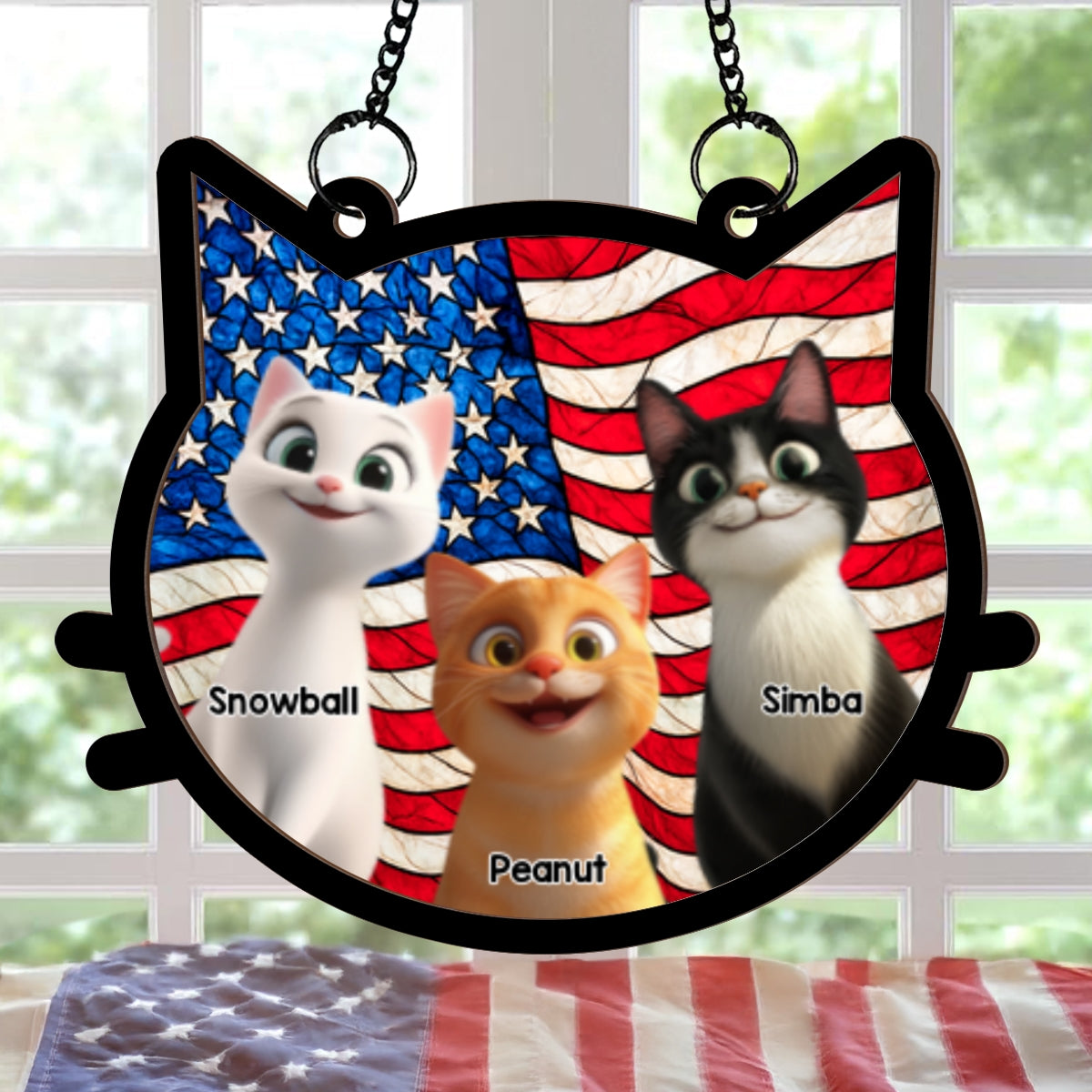 Cat Face Shape Nation Flag Personalized Suncatcher, 4th Of July Decoration