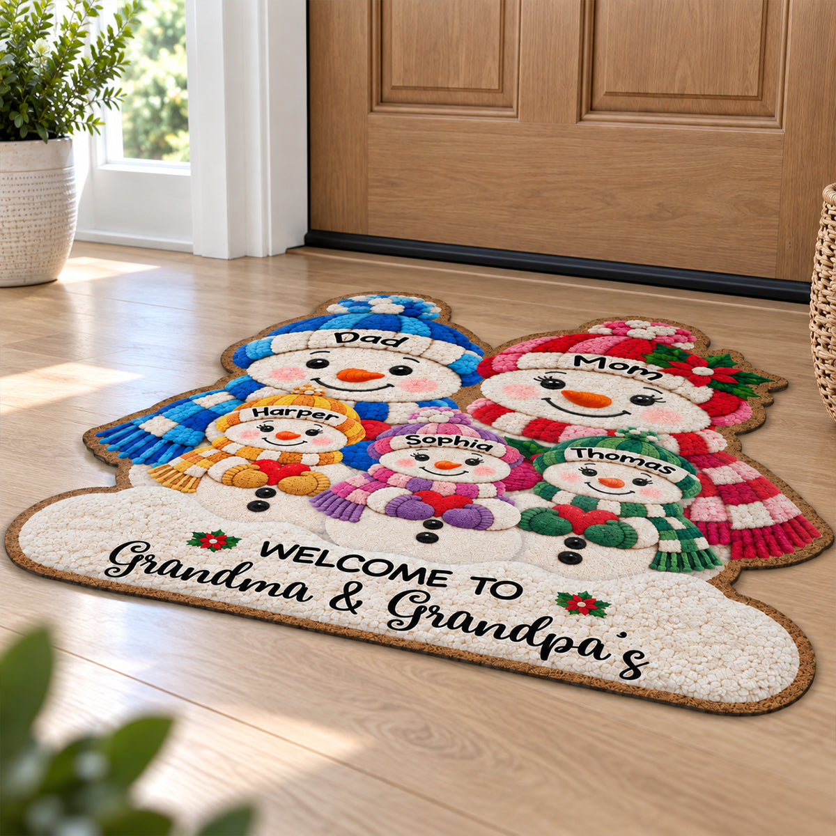Cute Snowman Grandparents & Grandkids 2D Flat Printed - Personalized Doormat - Christmas Decor For Grandparents, Family