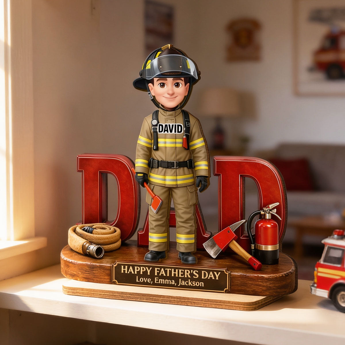 Proud American Firefighter Dad - Personalized 2-Layered Wooden Plaque - Father's Day Gift For Dad