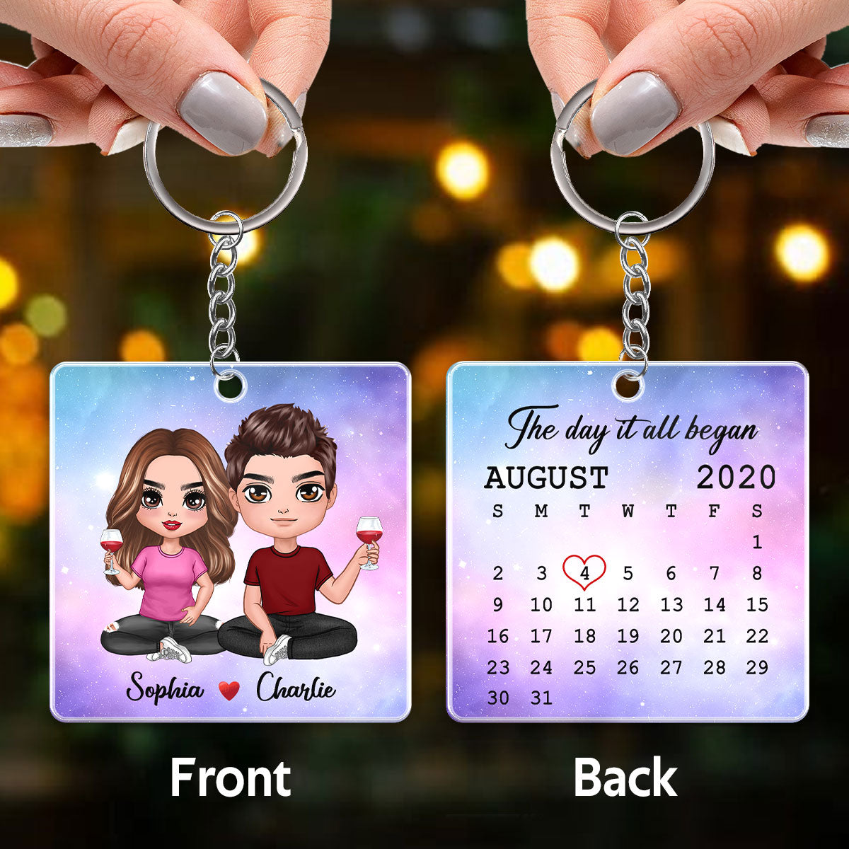 Doll Couple Sitting Calendar Date Anniversary Gift For Him Gift For Her Personalized Acrylic Keychain