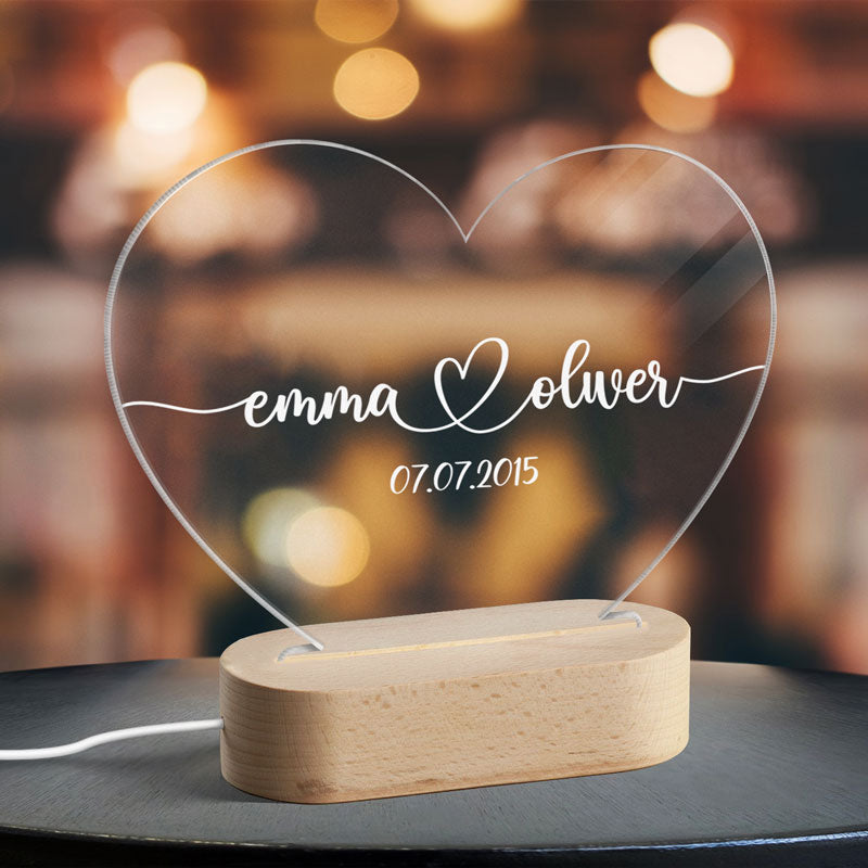 Simple Couple Names Date Personalized Heart Plaque with LED Night Light - Acrylic LED Lamp - Valentines Day Gift - Anniversary Gift - Romantic Gift For Couple - Gift For Him - Gift For Her