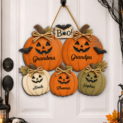 Trending Grandma Grandpa Halloween Pumpkins - Personalized Door Hanger - Fall Season Halloween Decor For Grandparents
