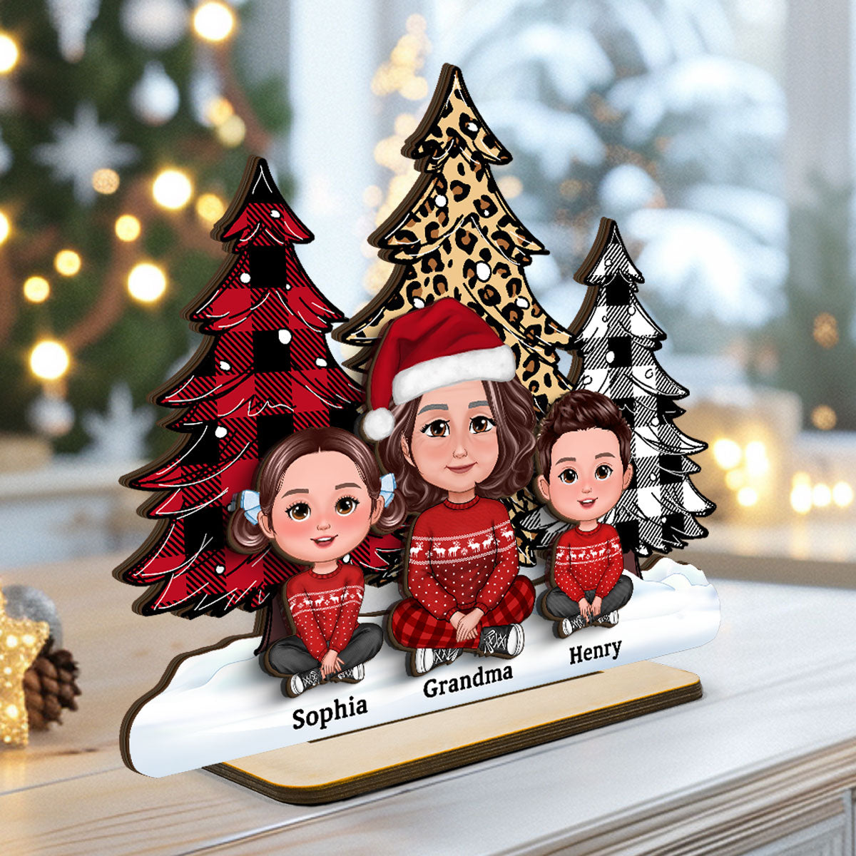 Leopard Checkered Pattern Christmas Tree Grandma Grandkids Personalized 2-Layer Standing Wooden Plaque
