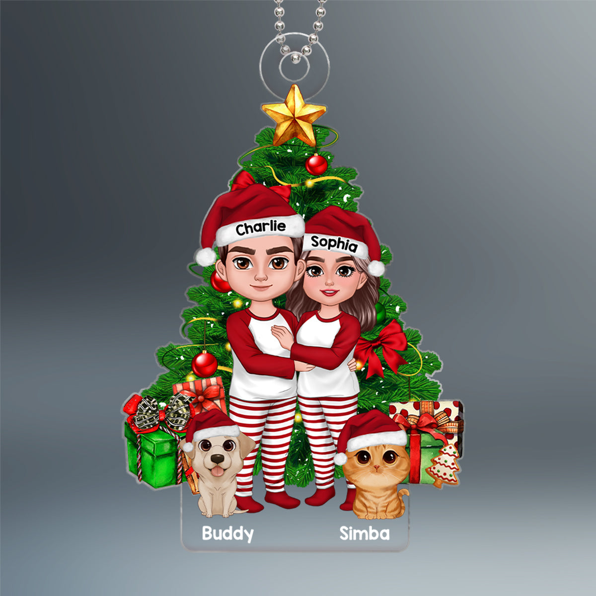 Couple Standing With Dogs Cats Christmas Tree Personalized Acrylic Ornament