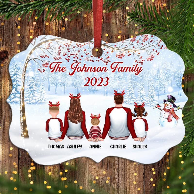 Pajamas Family Under Berry Tree Personalized Christmas Ornament