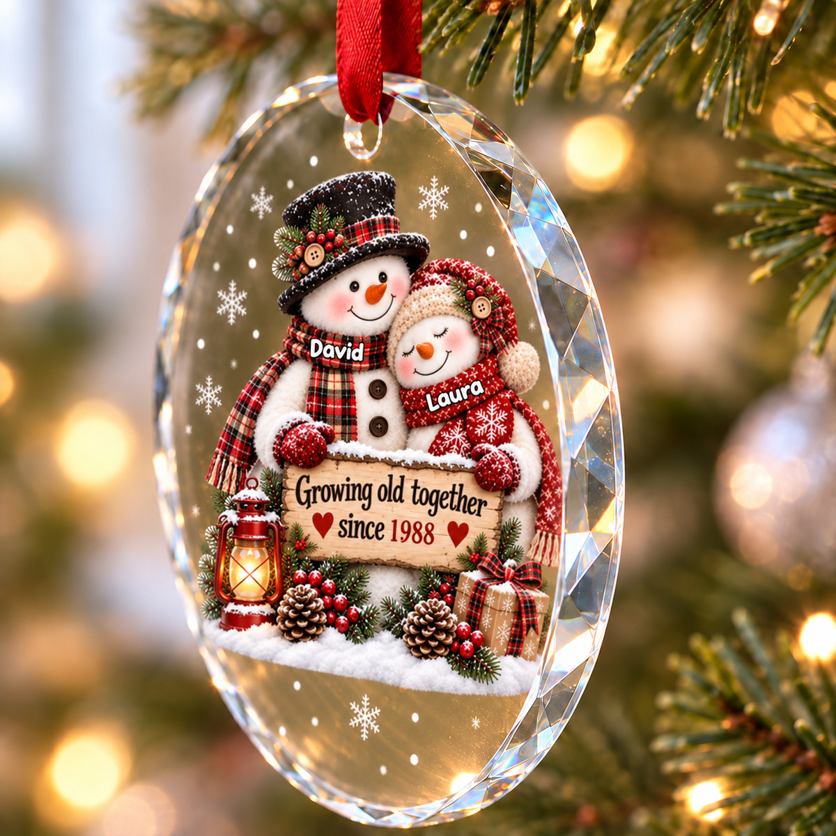 Snowman Couple Hugging Growing Old Together - Personalized Glass Ornament - Heartfelt Christmas Gift for Her, for Him