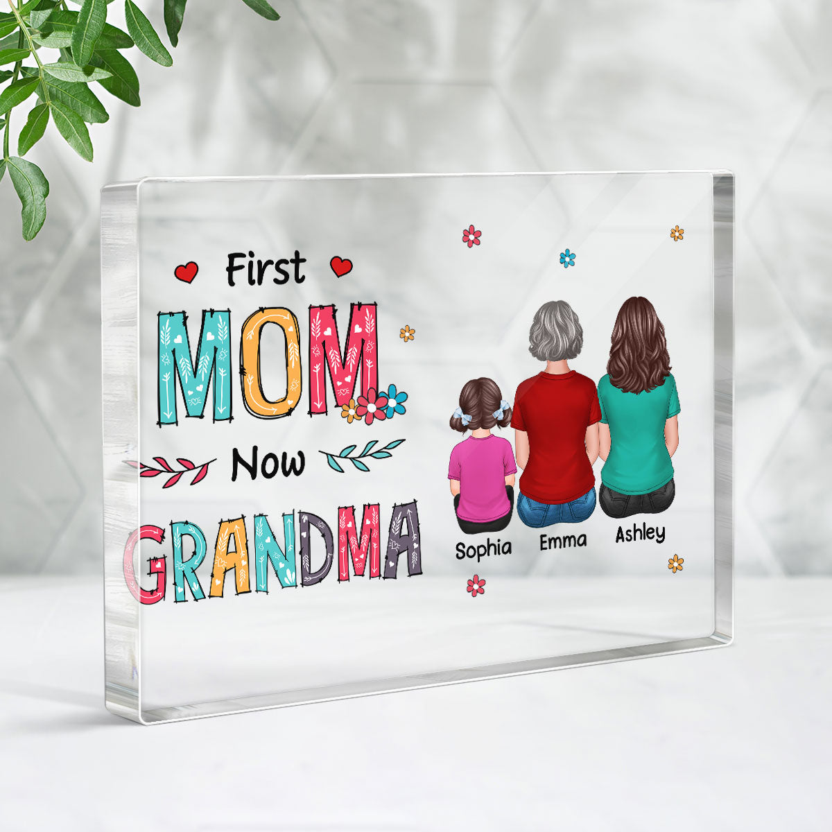 First Mom Now Grandma Back View Woman And Kids Personalized Rectangle Acrylic Block Plaque