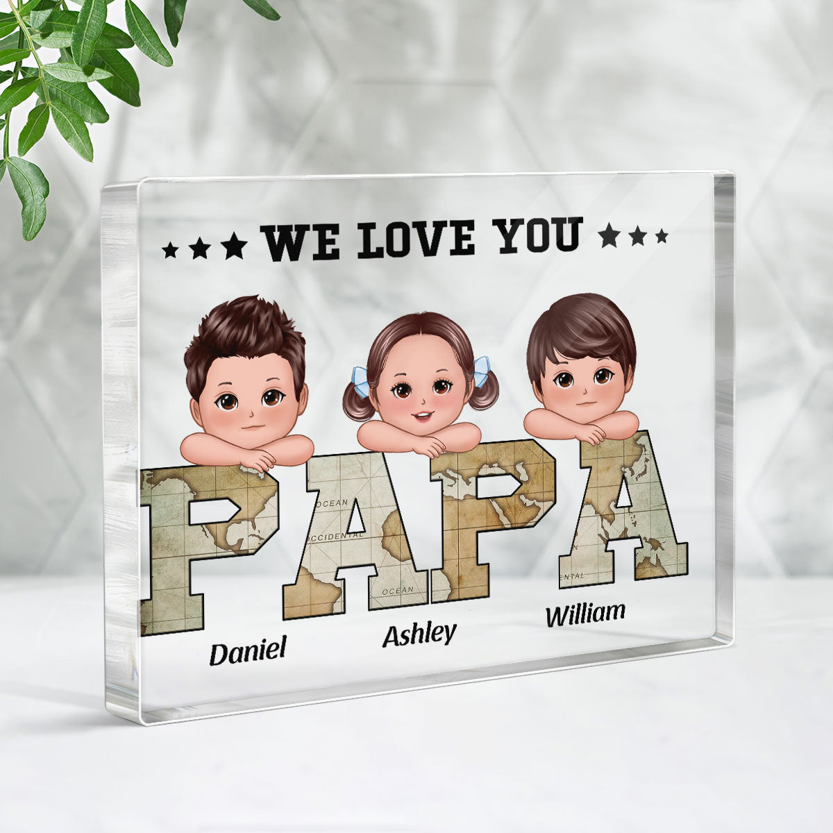 Grandpa Dad We Love You World Map Pattern Doll Kids On Hand Personalized Horizontal Rectangle Acrylic Block Plaque