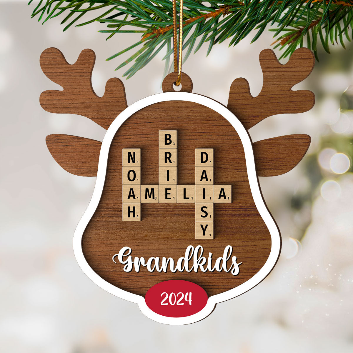 Grandkids Names Reindeer Crossword Puzzle Art Personalized 2-Layer Wooden Ornament, Christmas Gift For Grandma