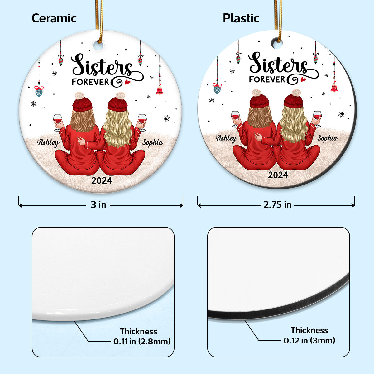 Back View Pajamas Sisters Forever Personalized Ceramic Ornament, Christmas Gift For Sisters