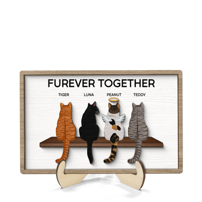 Furever Together Cat Portrait Prints Cats On A Shelf Personalized 2-Layer Wooden Plaque