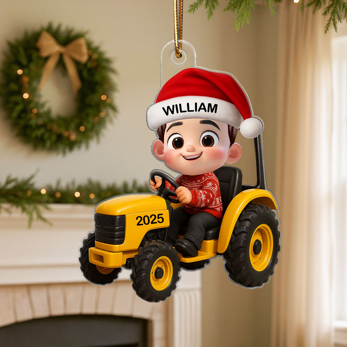 3D Effect Little Boy Kid With Tractor Excavator Backhoe Christmas - Personalized Acrylic Ornament - Gift For Grandkids, Kids