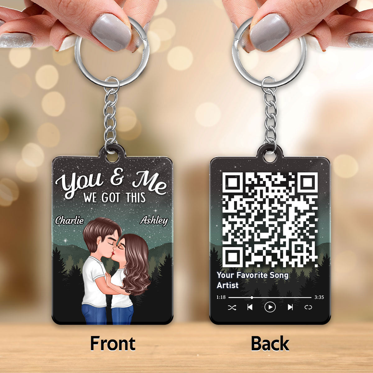Couple Kissing Under Stars Sky Forest Favorite Song QR Code Personalized Acrylic Keychain