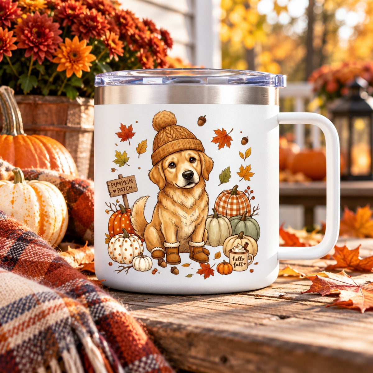 Custom Dog Photo Pumpkin Patch - Personalized Stainless Steel Tumbler With Handle - Fall Gift for Dog Moms, Cat Moms, Pet Lovers