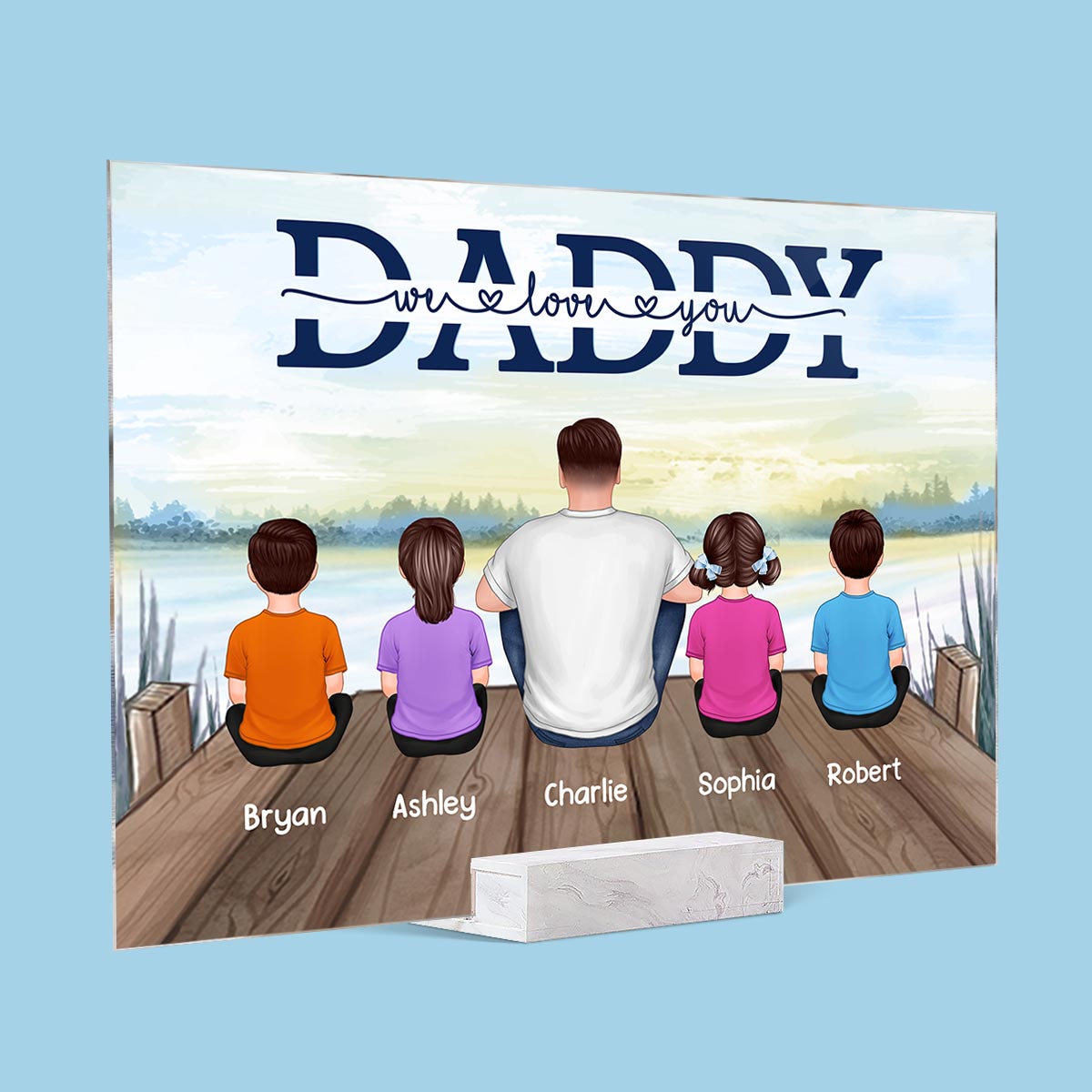 Dad And Kids Sitting Back View Lake Personalized Rectangle Acrylic Plaque