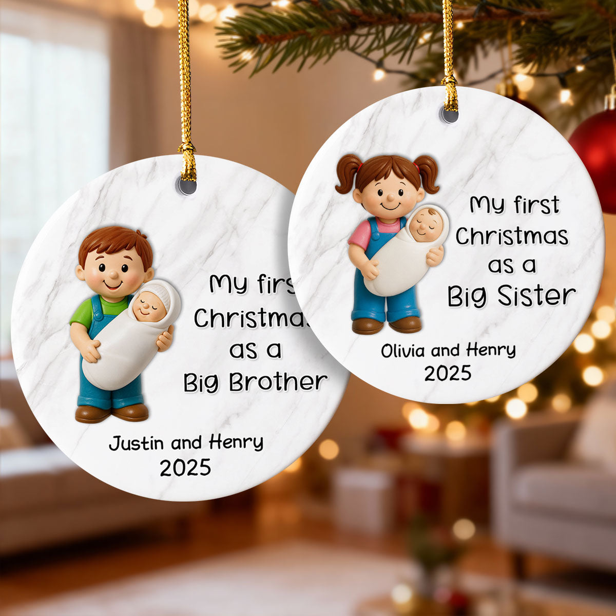 My First Christmas As Big Sister Big Brother - Personalized Ceramic Ornament - Proud New Big Siblings Gift