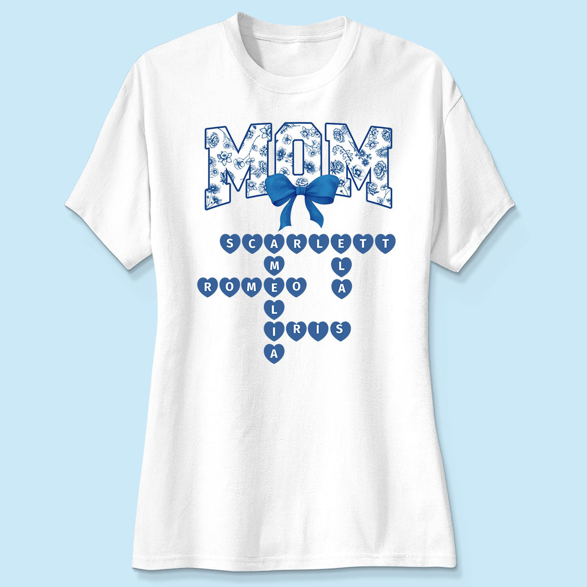 Grandma Mom Mimi Nana Gigi Floral Toile Blue Flower Grandkids Names Crosswords Personalized Shirt