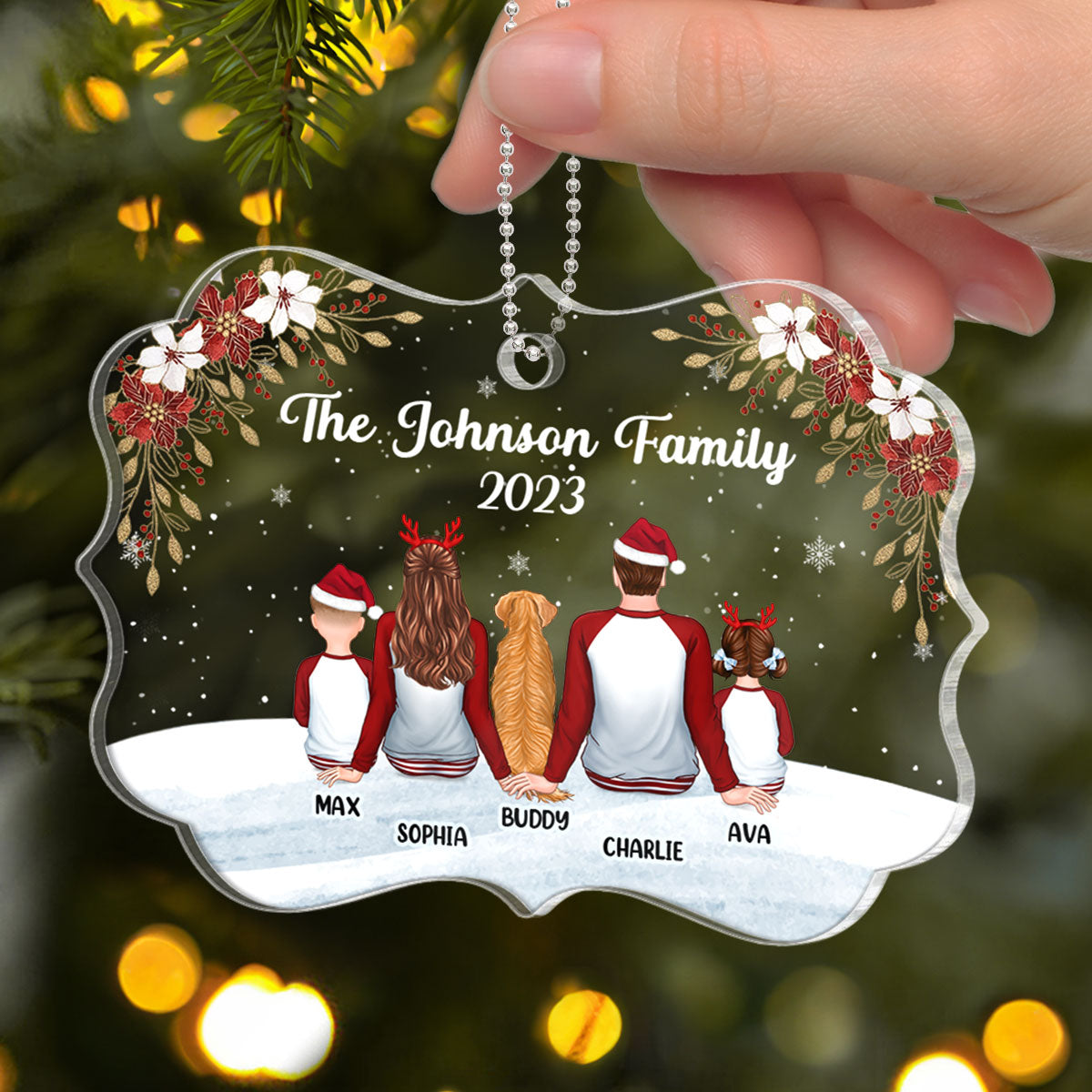 Family Pajamas Back View In Snow Poinsettia Personalized Acrylic Ornament