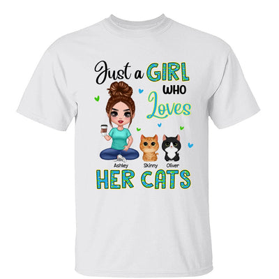 Green Pattern Just A Woman Who Loves Cats Doll Girl Sitting With Watercolor Cute Cats Personalized Shirt