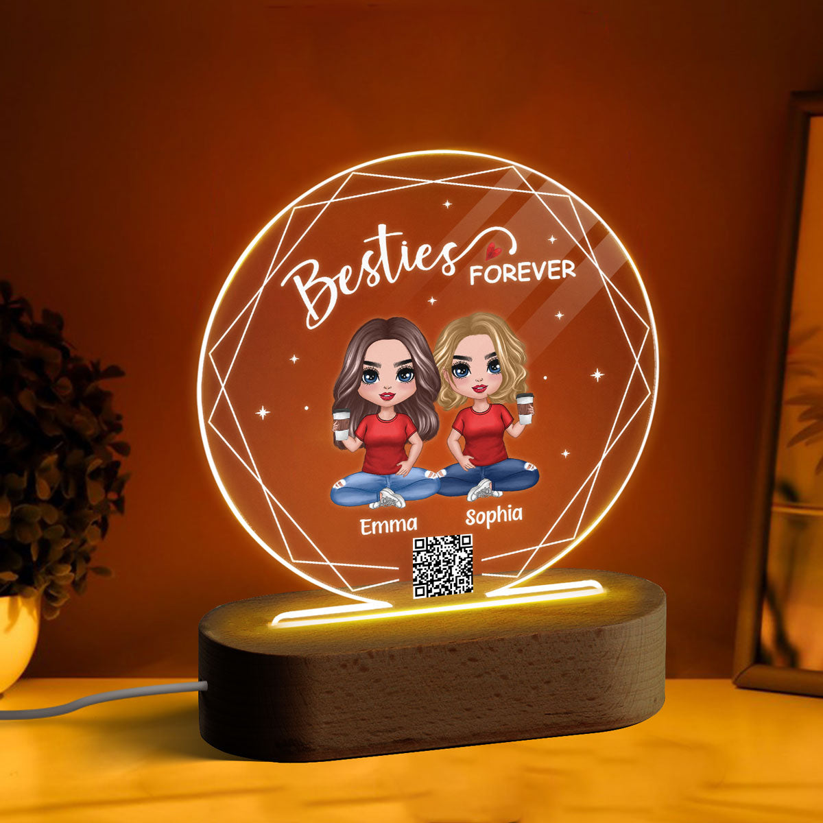 Hexagon Frame Doll Besties Sitting Personalized Circle Acrylic Plaque LED Night Light