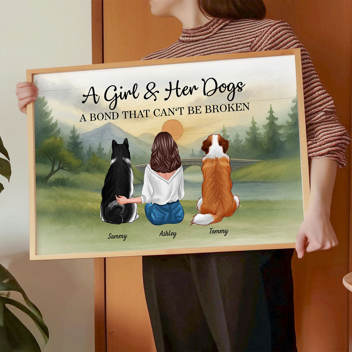 Retro Mountain A Man A Girl And His Dog A Bond That Can't Be Broken Personalized Poster, Gift for Dog Dad, Dog Mom