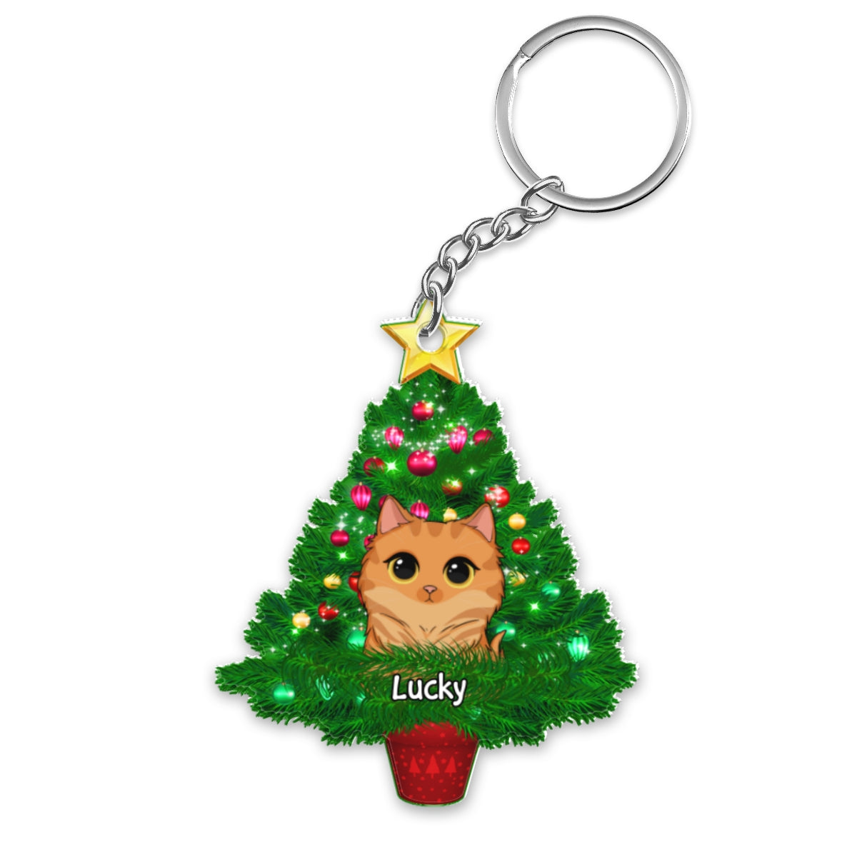 Cats On Christmas Tree Personalized Wooden Keychain
