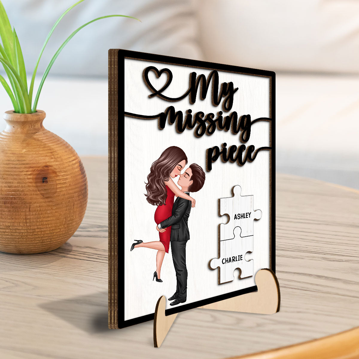 My Missing Piece Hugging Kissing Couple - Personalized 2-Layered Wooden Plaque - Anniversary Gift For Couple, For Dad Mom