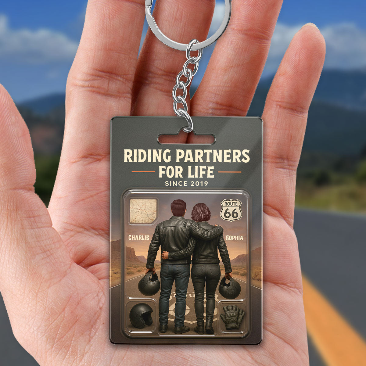 3D Effect Custom Figure Couple Bikers Riding Partners For Life Personalized Acrylic Keychain, Gift For Bikers