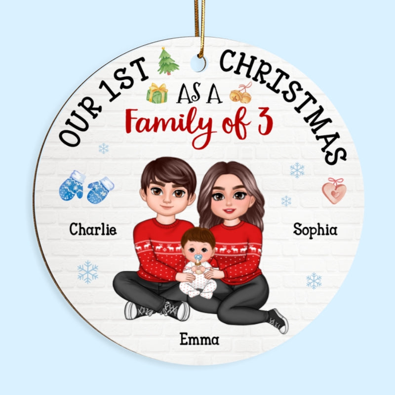 Our First Christmas As Family Of 3 Embracing Sitting Family Personalized Wooden Ornament