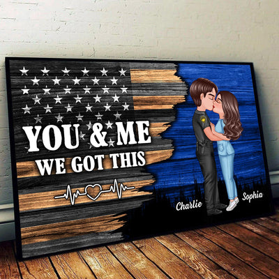 Hero Couple Kissing Half Flag Gifts by Occupation Firefighter, Nurse, Police Officer - Personalized Poster