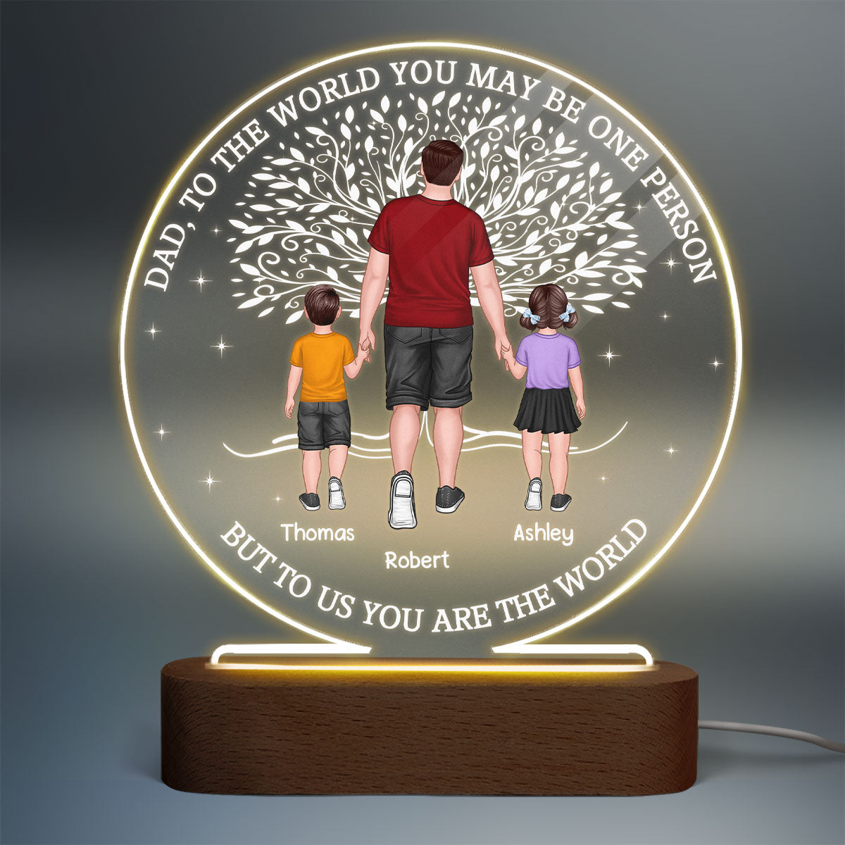 Dad And Kids Walking Under Tree Personalized Circle Acrylic LED Night Light